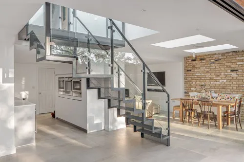 Rose Brentwood Four Storey Refurbishment Contemporary Extension glass box extension roof Staircase Open plan kitchen diner