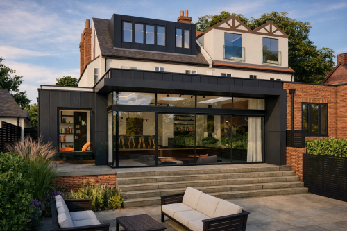 2.Contemporary rear Upminister London Contemporray side single storey extension floor to ceiling glazing glass corners landscape terrace 