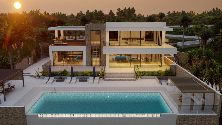 Greece Corfu Contemporary New Build Dweling Villa International open plan natural sunset light hillside infinity edge swimming pool
