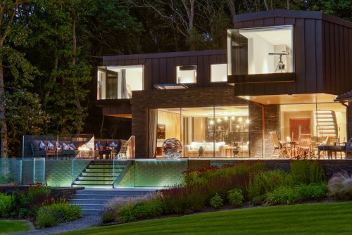 Brook Cottage Thudersley Brentwood essex underground parking roof lights New Build night view