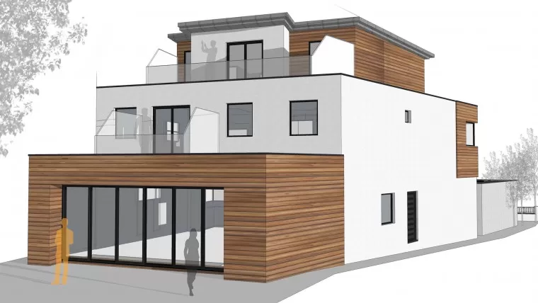 Leabur Shenfield New Build Contemporary timber copper detailing white rendered walls slate roof Bifold Doors