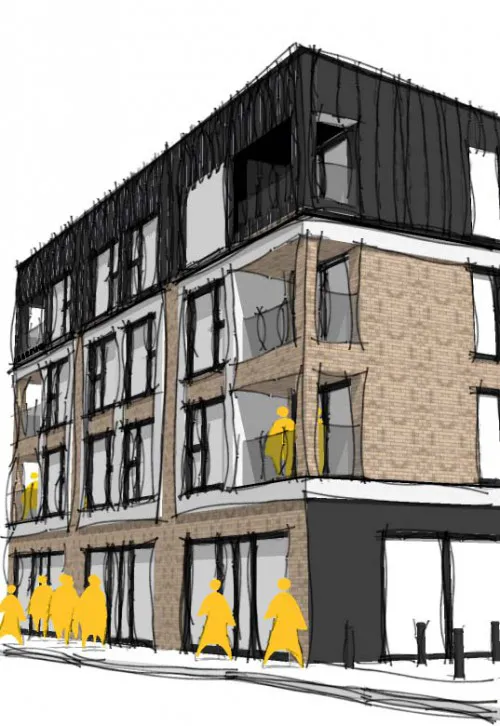 Culyers Yard Brentwood High Street 13 No of Flats Mixed use Development and A1 Retail corner view sketch
