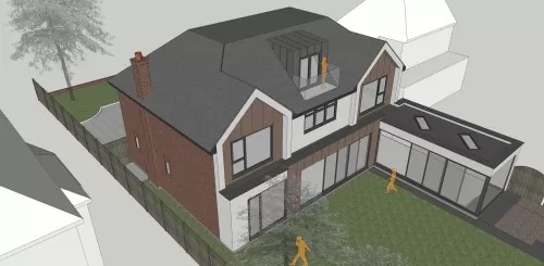 London Road New Build Brentwood Essex Brick Timber Zinc Rear Glazed Glass box Render Ariel Shot