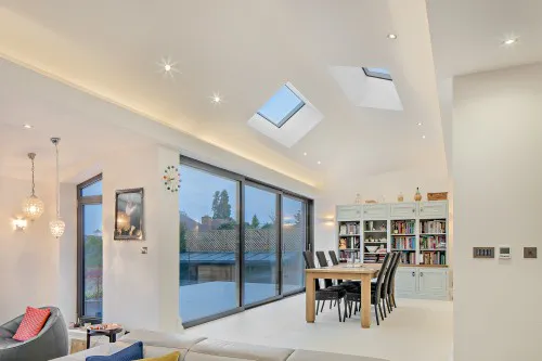 Hall B Upminster Contemporary Extension Bifold Doors Open Plan Kitchen diner Roof Window lighting Living Room
