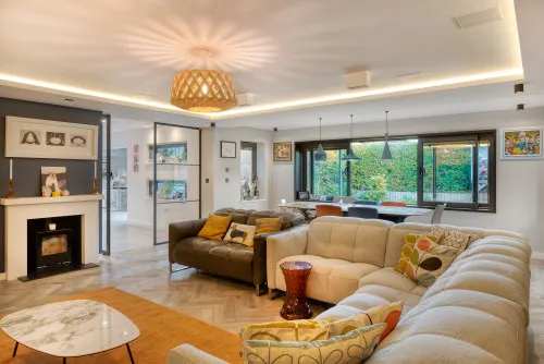 drake close warley essex extension cladding zinc family room open plan dinning room fireplace