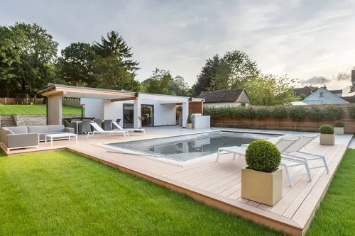 Well Lane Langdon Hills Essex Residential outer building swimming pool pump room bathroom facilities decking Garden landscape