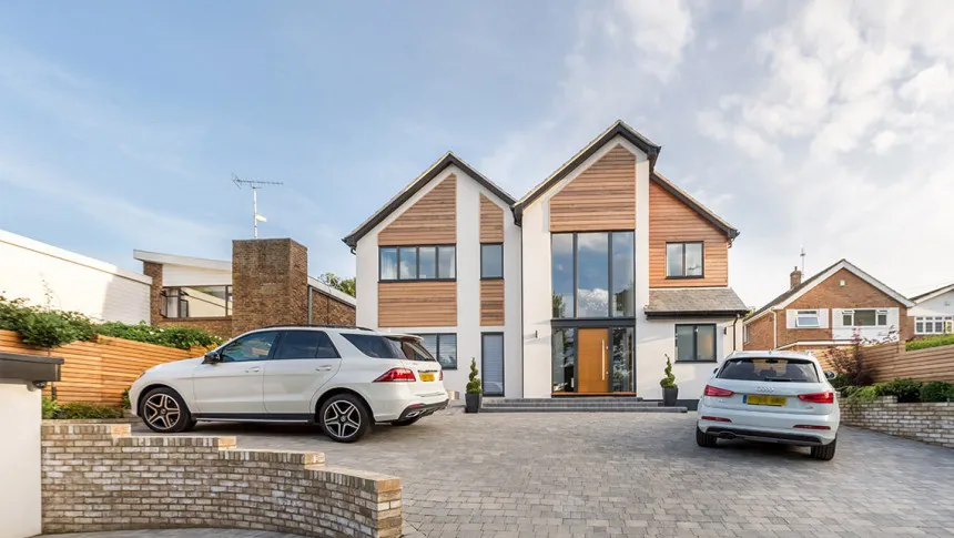 Well Lane Langdon Hills Essex Residential timber cladding render combined traditional gable three storey detached single garage