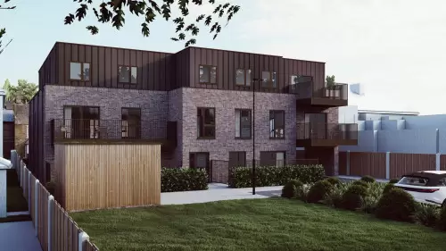Ardleigh Green Apartments Aerial View New Build Development Hornchurch Planning permission solar panel susatainability render framed glass balcony flats lansdcape