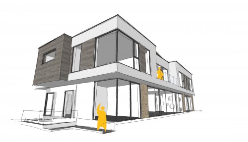 Gable end Bishop Stortford essex hertfordshire hertford rear corner view glazed facade New Build Contemporary Home basement Sketch