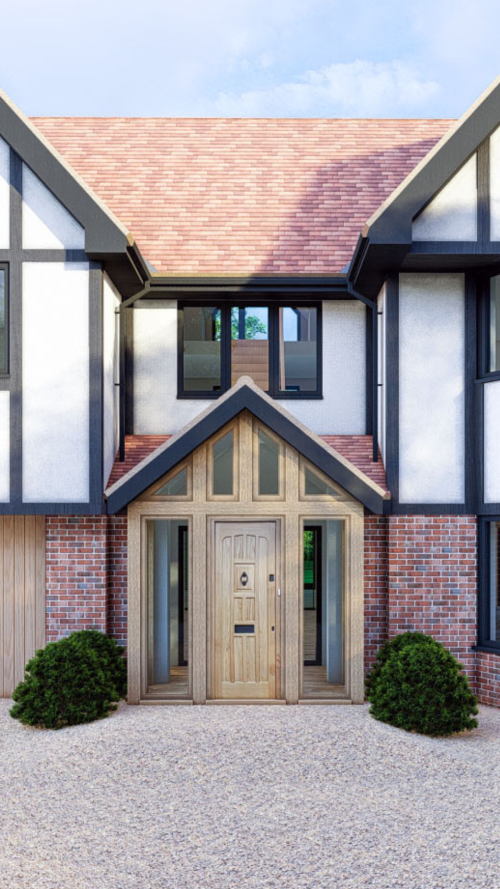 Architects New build model hutton mount shenfield brentwood dual gabel cladding front door