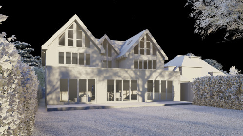 Architects New build model hutton mount shenfield brentwood dual gabel cladding model lighting traditional cream render