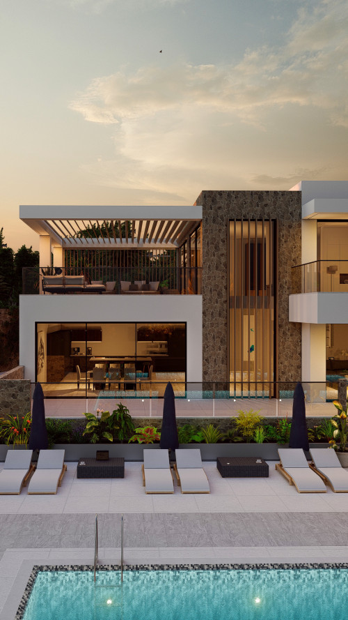 Greece Corfu Contemporary New Build Dweling Villa International open plan natural sunset light hillside infinity edge swimming pool landscape terrace balcony alfresco dining stone