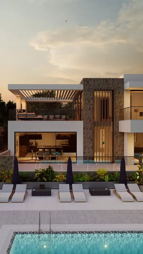 Greece Corfu Contemporary New Build Dweling Villa International open plan natural sunset light hillside infinity edge swimming pool landscape terrace balcony alfresco dining stone