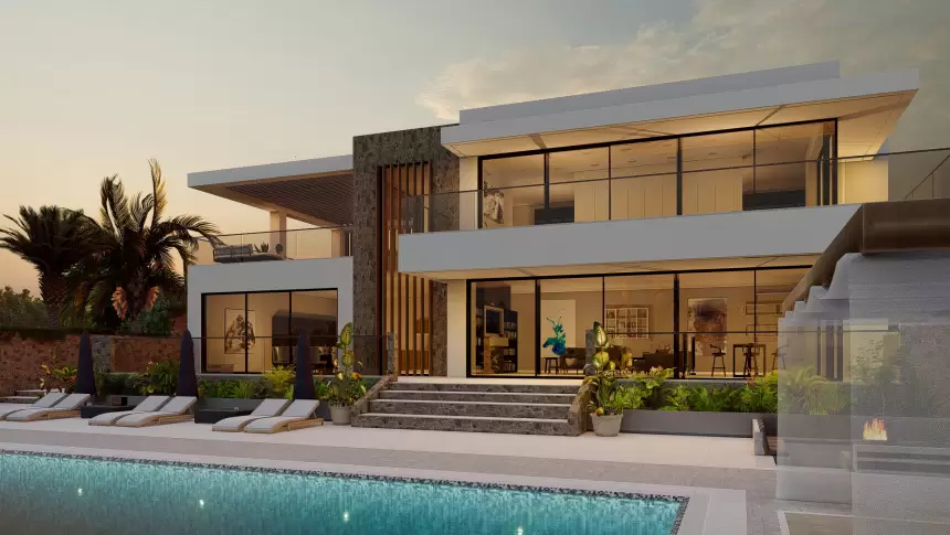 Greece Corfu Contemporary New Build Dweling Villa International open plan natural sunset light hillside infinity edge swimming pool landscape terrace balcony white render tropical stone