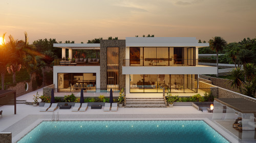 Greece Corfu Contemporary New Build Dweling Villa International open plan natural sunset light hillside infinity edge swimming pool landscape terrace balcony