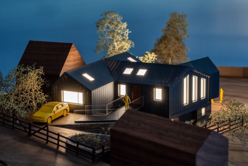 Holly Lodge Childerditch New Build Contemporary Home detailed model Front night view
