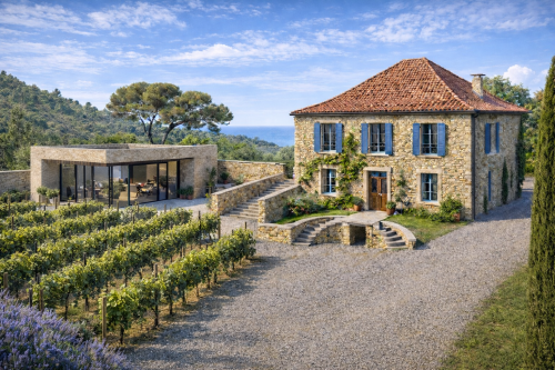 2.Chateau Lumiere Rear Bright Traditional Modern Architecture Villa France front Vineyard