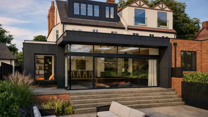2.Contemporary rear Upminister London Contemporray side single storey extension floor to ceiling glazing glass corners landscape terrace 
