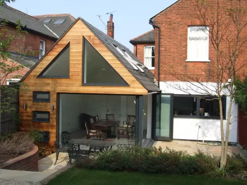 Priest A Shenfield Contemporary Extension full height windows sliding bi folding doors western red cedar cladding open plan Victorian semi detached house