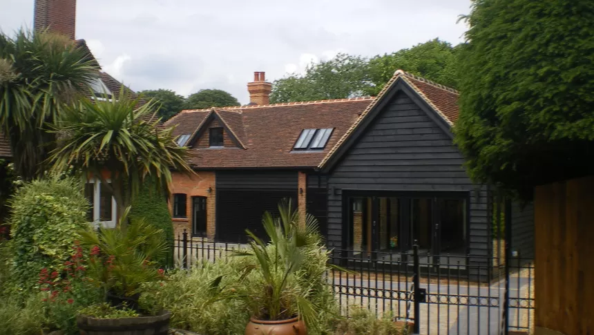 Little Meadhams Old Harlow Grade II Listed Conversion Swimming Pool timber glulam portal frames