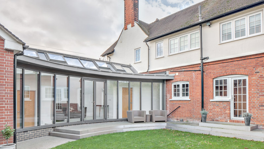 York Curve Shenfield Essex Contemporary Link Extension Roof windows Natural light zinc roof glass curved facade Study Bathroom Family Room