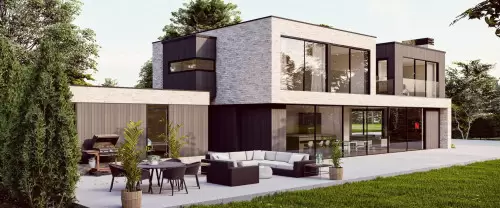 Oaks Pines Oaks Pines New Build Contemporary Houses Great Warley double garage front corner Alfresco Dining Interior design