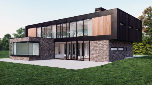 2.Thorndon Cottage Great warley New Build Contemporary rear corner view brick fenestration cantilevered zinc timber cladding large sliding doors glass framele