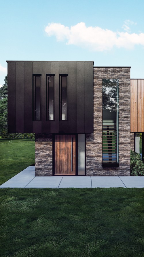 Thorndon Cottage Great warley New Build Contemporary Home front half view brick fenestration