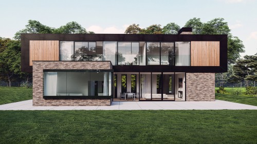 Thorndon Cottage New Build Contemporary Home rear view brick fenestration cantilevered zinc timber cladding large sliding doors glass framele v2