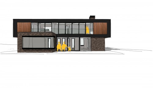 Thorndon Cottage New Build Contemporary Home rear view brick fenestration cantilevered zinc timber cladding large sliding doors glass framele