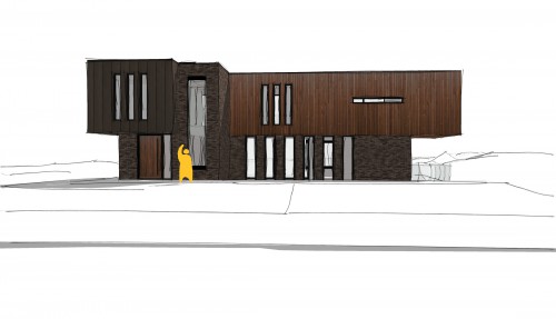 Thorndon Cottage New Build Contemporary front sketch brick fenestration cantilevered zinc timber cladding large sliding doors glass framele Great warley