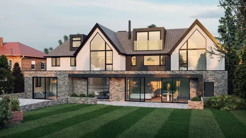 2.Sussex Hutton mount New Build Contemporary Home with Basement Five bedroom new build spa complex swimming pool rear view